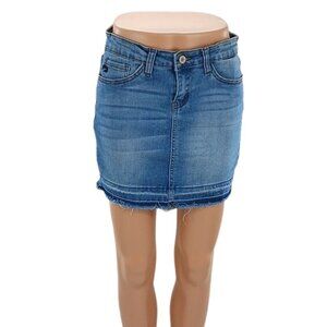 KanCan Blue Denim Mini Skirt Womens Size S Raw Hem Stretch Jean Skirt Casual